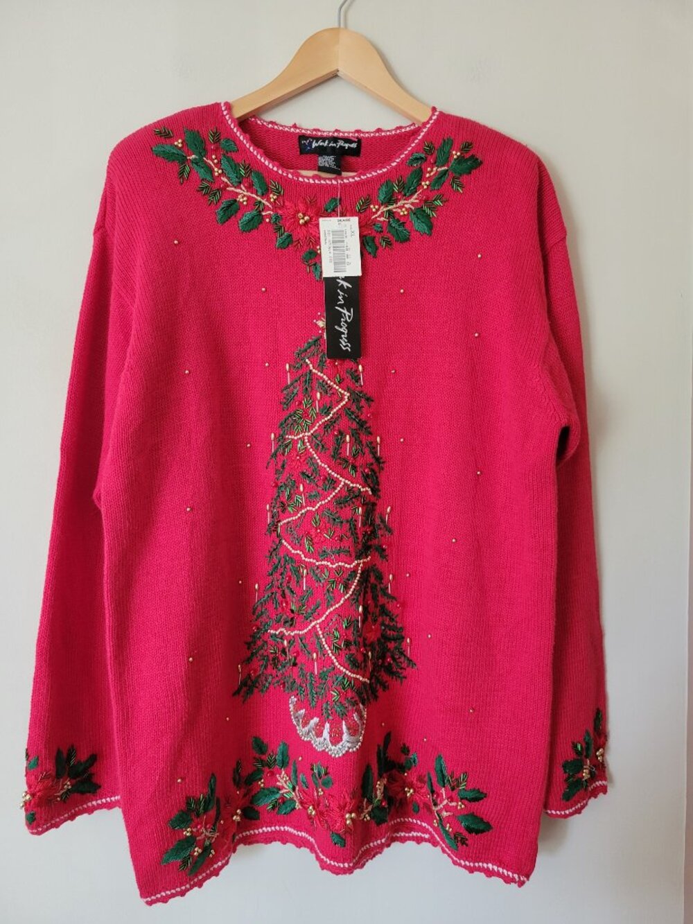 NWT Vintage 90s Ugly Christmas Sweater Red Knit Cotton Ramie Embellished Tree XL